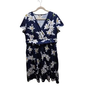OUGES Navy Blue White Lily Floral Faux Wrap Dress with Pockets XXL Plus Size